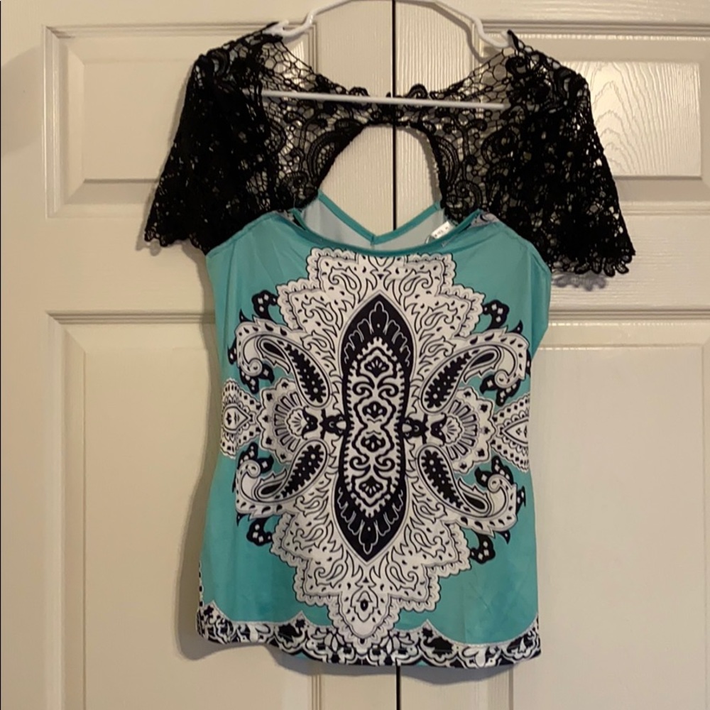 NWOT sea green and black, silky, Embellished top